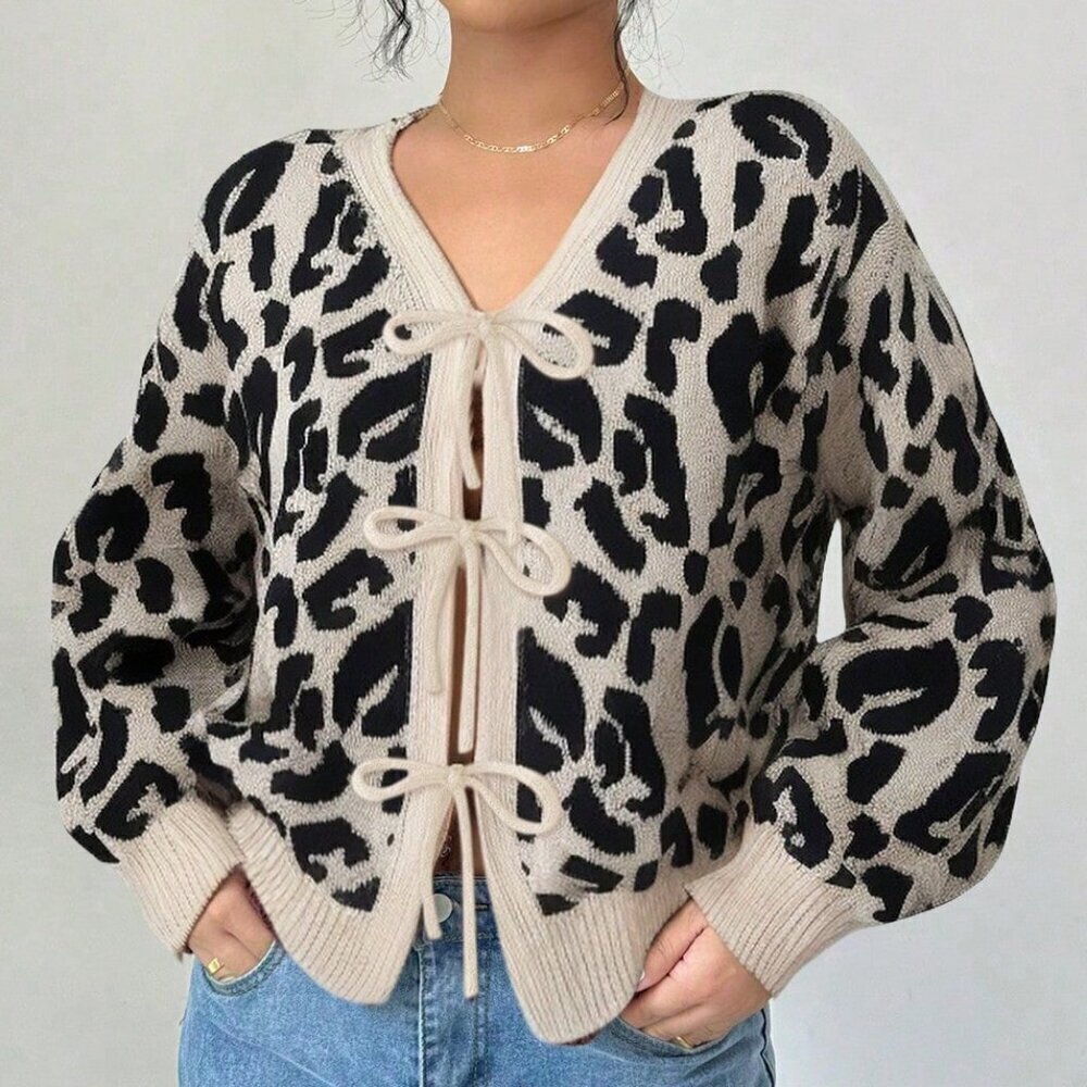 Casual Women's V-Neck Leopard Print Bow detailed Lantern Sleeve sweater top